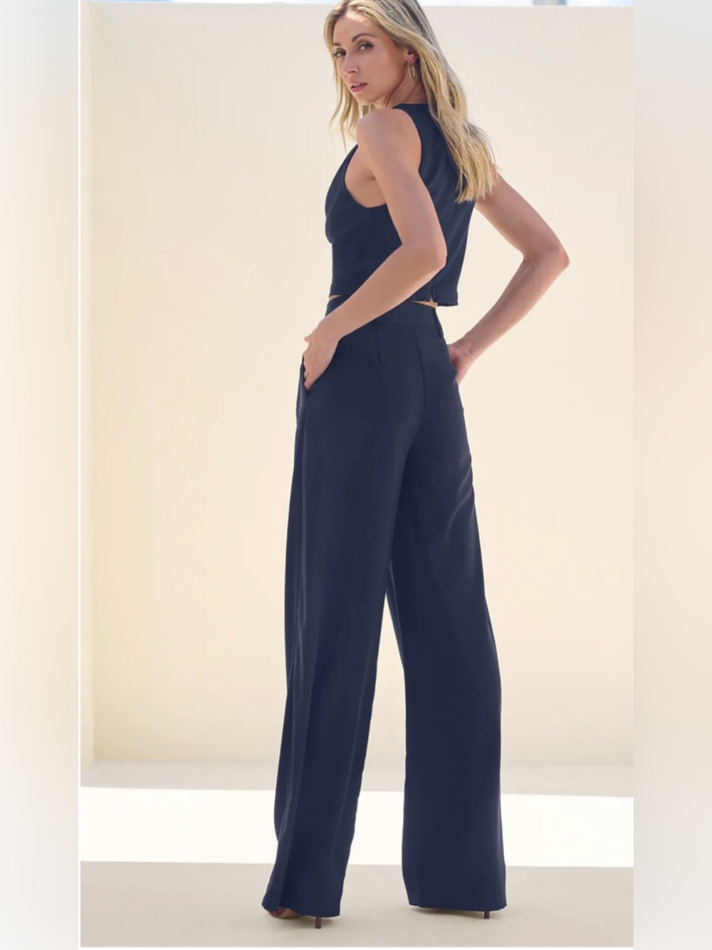 Venus NWT Navy 2 Piece Suit Set Wide Leg Pants Chic Elegant Outfit | Size 4 - Picture 2 of 16